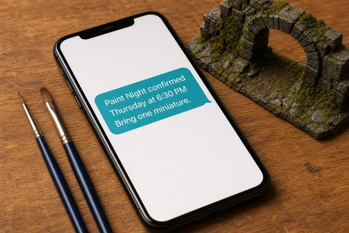 A smartphone beside paintbrushes and hobby terrain showing a Paint Night confirmation message.