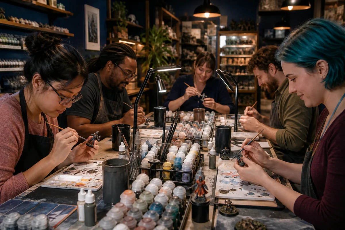 A beginner-friendly miniature painting event in an illustrative hobby store.