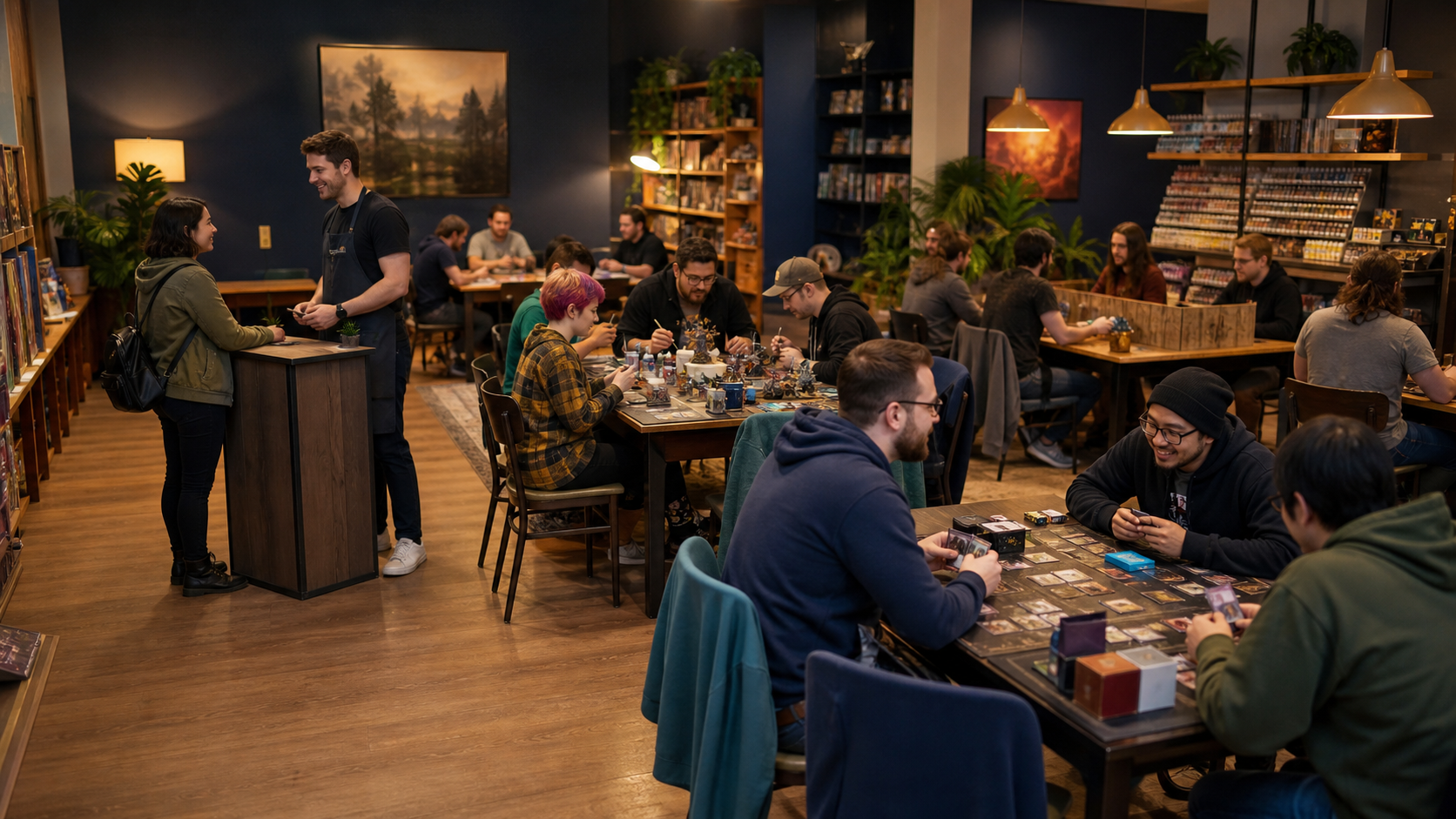 A lively, brand-neutral hobby store event night with customers seated around gaming tables.