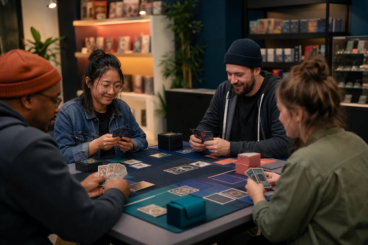 Players participating in an illustrative recurring card-game event at a hobby store.