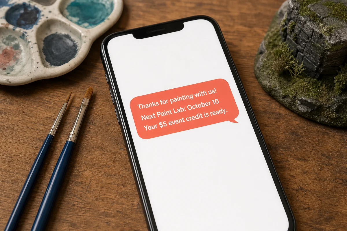 A phone on a hobby painting table showing an invitation to the next Paint Lab and a five-dollar event credit.