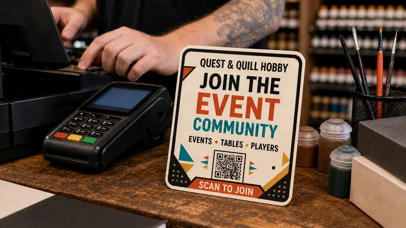 An illustrative hobby-store counter sign with a QR-style pattern inviting customers to join an event community.