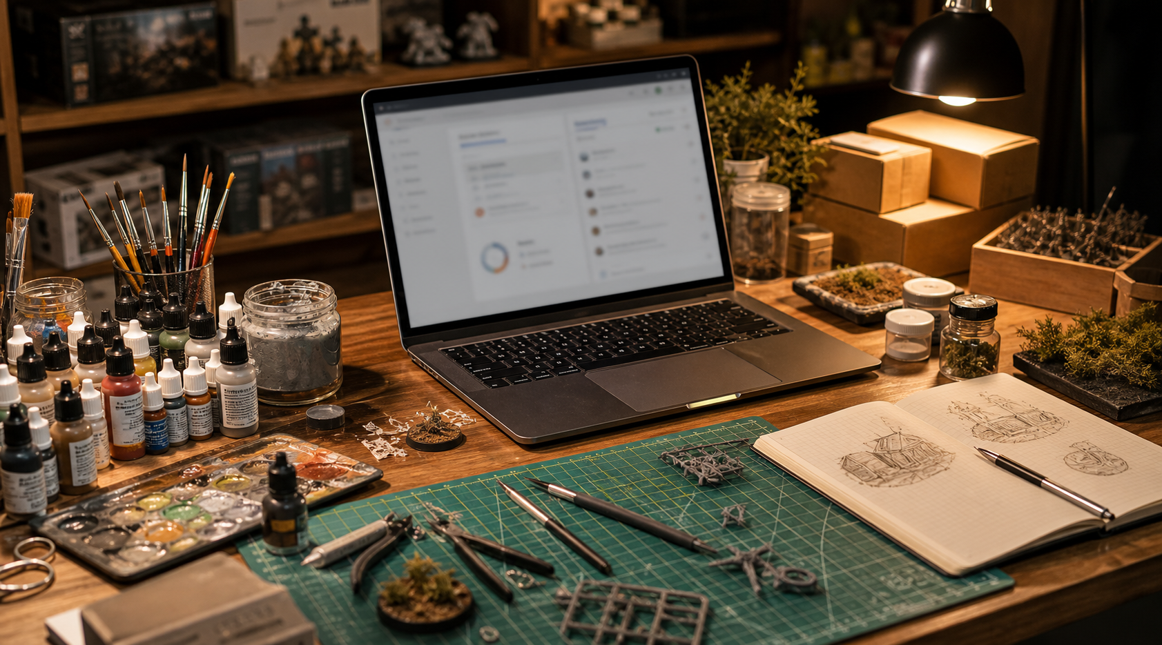 A real hobby workbench with miniature paints, terrain tools, product shelves, packaging boxes, and a laptop dashboard